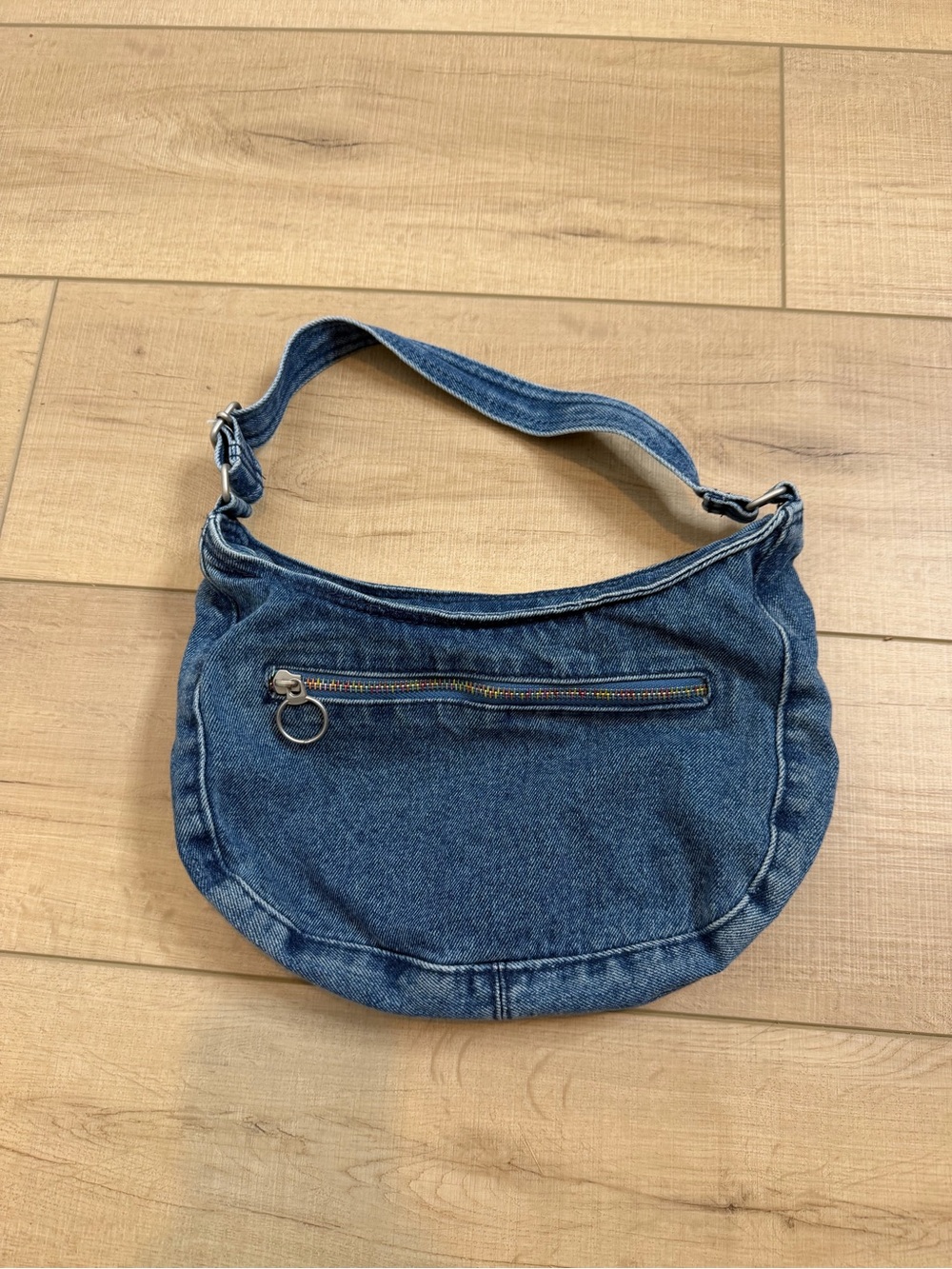 Y2K Blue Denim Hobo Shoulder Bag Rainbow Zipper Ring Pull Jean Purse 12”